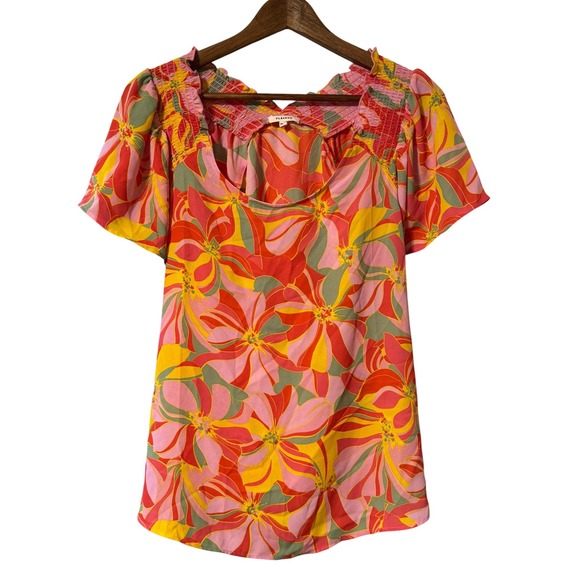 Pleione Tops - Pleione Floral Blouse Women M Pink Orange Excellent Smocked Square Neck Top